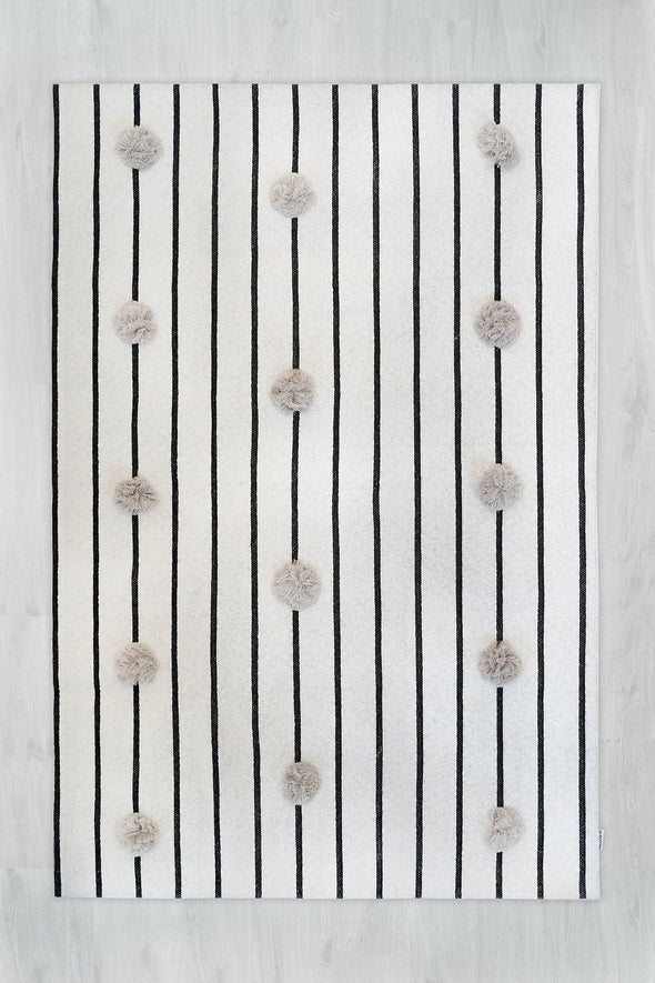 Organic Cotton Knitted Grey Pom Pom Rug with Black Stripes | 4' x 6'