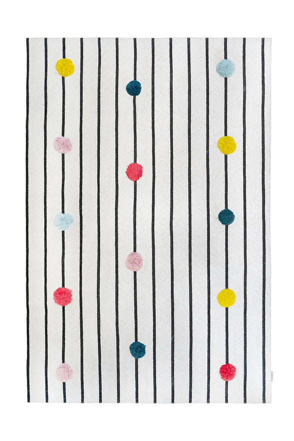 Organic Cotton Knitted Multi Color Pom Pom Rug with Black Stripes | 4' x 6'