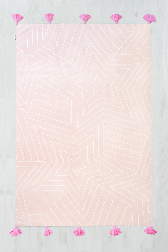Organic Cotton Knitted Pink Star Kids Area Rug with Pink Tassels  | 4' x 6'